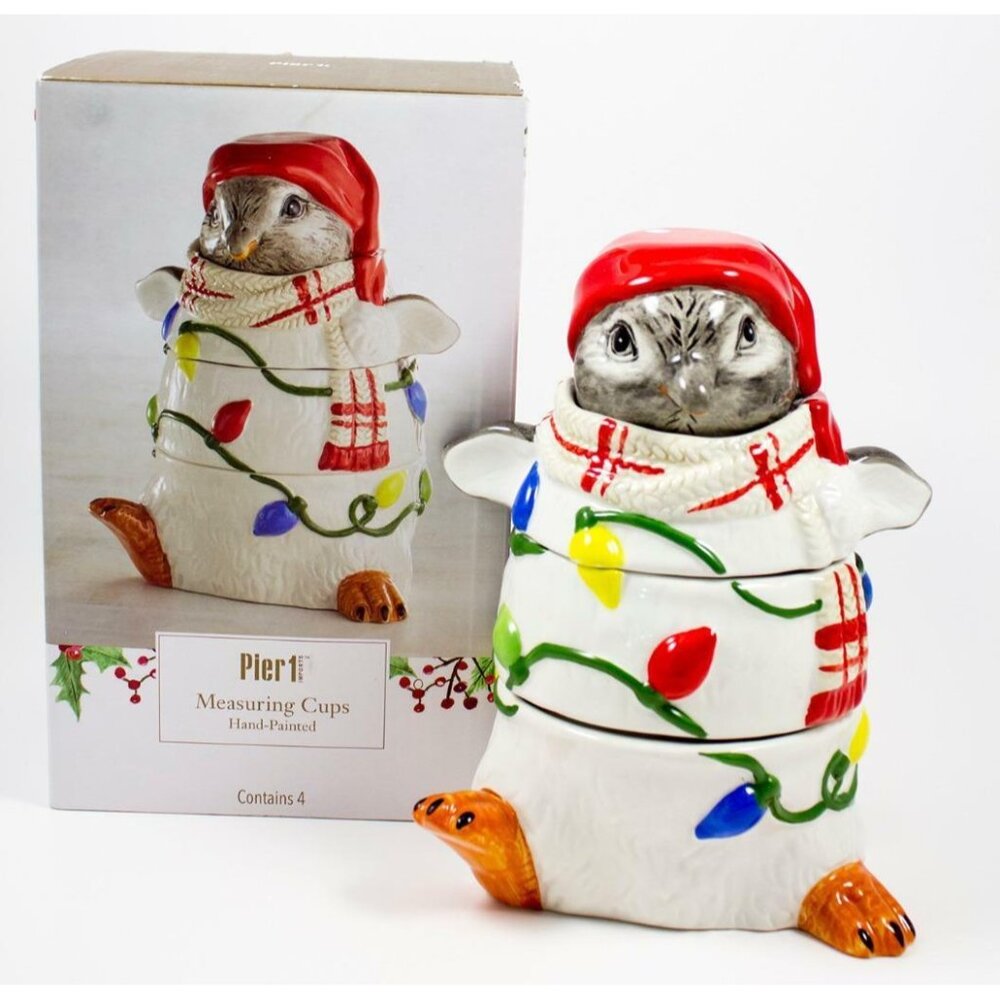 Pier 1 Imports Ceramic Stacking Measuring Cups Christmas Penguin 7 3/4" Tall NIB
